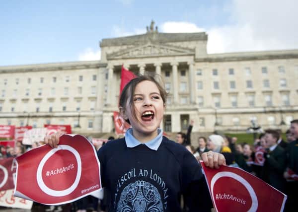 School children during a demonstration at Stormont for an Irish language act