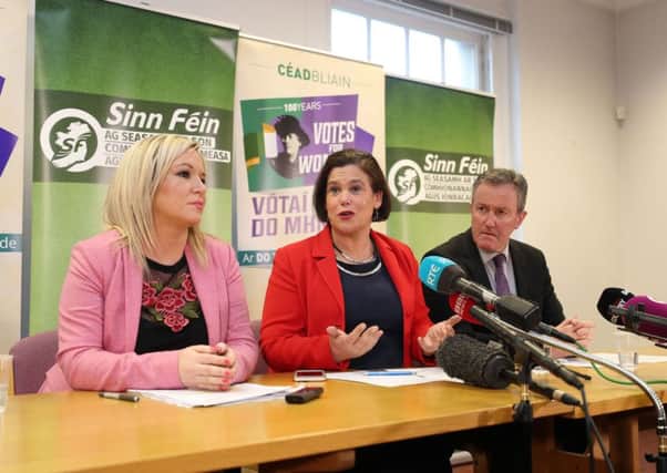 Sinn Fein's vice president Michelle O'Neill (left) and Sinn Fein's president Mary Lou McDonald (centre) and Conor Murphy at a press conference at Parliament Buildings in Stormont in Belfast.