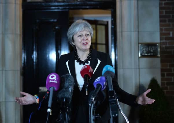 Prime Minister Theresa May speaks to the media outside Stormont House on Monday after talks. She also took questions from some journalists including the News Letter, which asked her about Sinn Fein's tactics in bringing down Stormont. 
Picture by Colm Lenaghan/Pacemaker