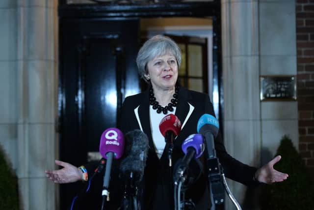 PACEMAKER BELFAST 12/02/2018
Prime Minister Theresa May speaks to the media outside Stormont House on Monday , as The British and Irish prime ministers have been holding a series of meetings with the Northern Ireland parties.
Picture By: Colm Lenaghan/Pacemaker.