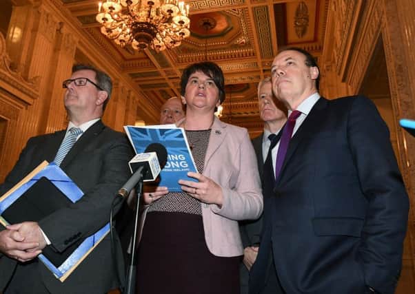 DUP leader Arlene Foster and senior party negotiators pictured during a previous round of talks at Stormont aimed at breaking the political stalemate