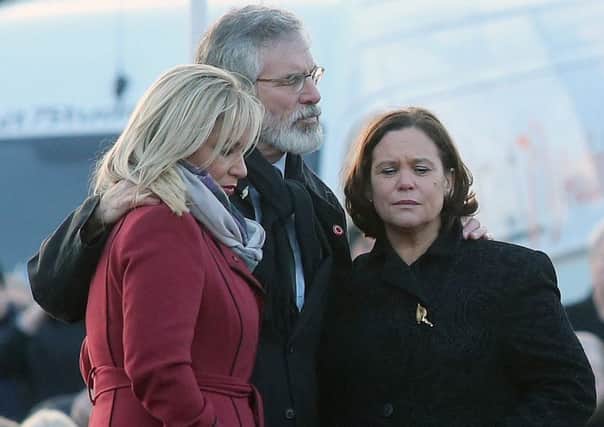 Sinn Fein leaders Michelle ONeill, Gerry Adams and Mary Lou McDonald