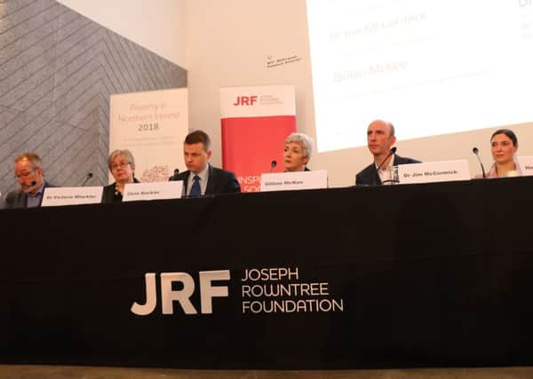Speakers at a Joseph Rowntree Foundation (JRF) event to discuss poverty in Northern Ireland at the Ormeau Baths, Belfast