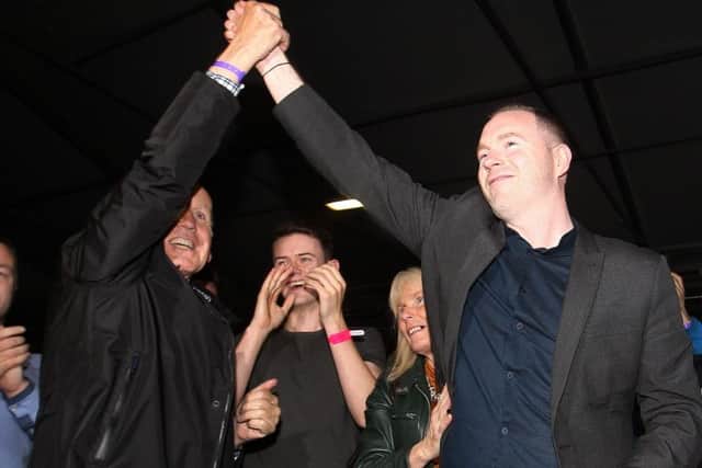 Chris Hazzard celebrates his election as South Down MP last June