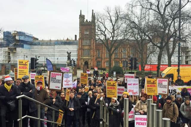 Demonstrators outside Queen's University Belfast (QUB), as a five-day walkout at QUB and Ulster University (UU), either side of this weekend began on Thursday in a dispute over pensions