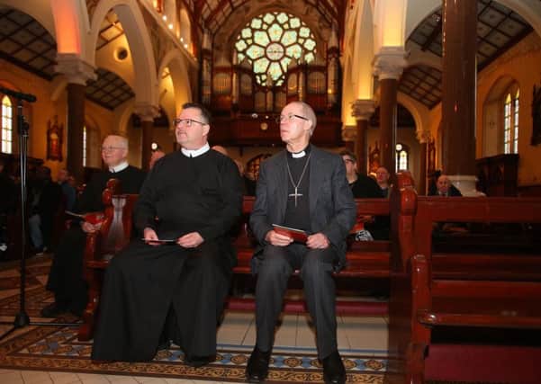 Pictured are The Archbishop of Canterbury with Father Noel Kehoe, rector of Clonard (left), on Wednesday in Clonard monastery, west Belfast