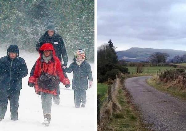 The scene in Moneyrea, Co Down (left) as heavy snow blanketed many parts of Northern Ireland on March 1, 2018 (the first day of spring)... whilst other areas escaped unscathed, as this picture taken by Johanna Kula, looking towards north Belfast, shows