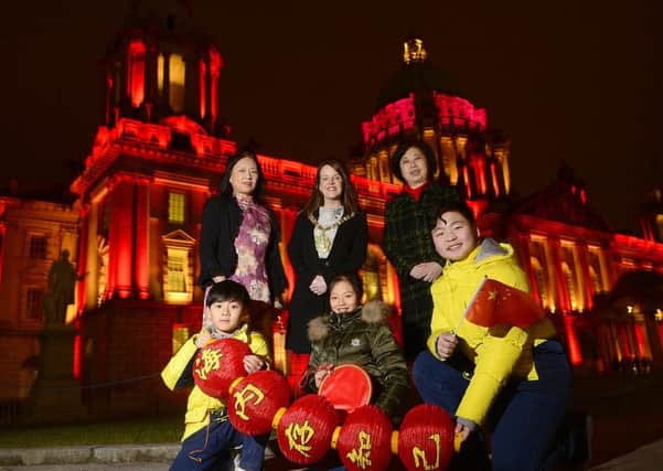 Li Li, Chinese Chamber of Commerce and Chinese Welfare Association, Lord Mayor, Nuala McAllister and Chinese Consul General in Belfast, Madame Wang Shuying pictured at the lighting up ceremony