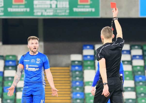 Dungannon Swifts' Ryan Harpur is sent off in the BetMcLean League Cup final. Pic Pacemaker.