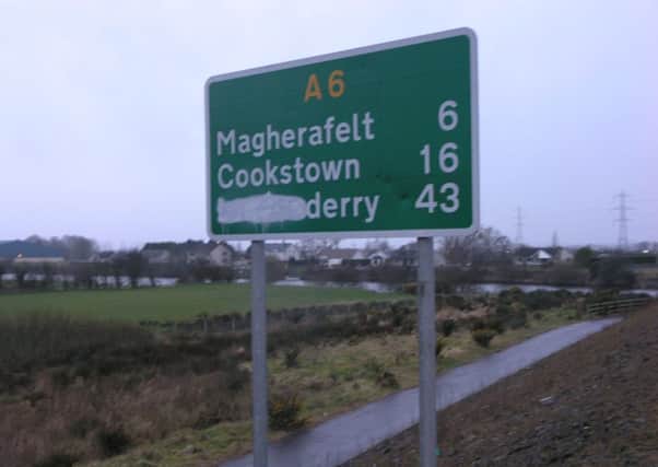 The 'London' portion of Londonderry, expunged from a road sign