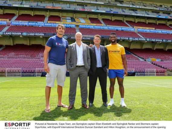 At Newlands, Cape Town, are Springbok captain Eben Etzebeth and Springbok flanker and Stormers captain Siya Kolisi, with Esportif International Directors Duncan Sandlant and Hilton Houghton, on the announcement of the opening of the new Esportif International South Africa office in Cape Town