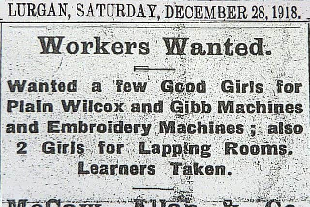 Newspaper advertisement for staff from 1918