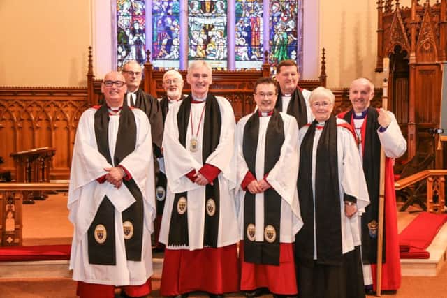 At the service of installation of the new Archdeacon of Dalriada in Lisburn Cathedral on March 4 are members of the Chapter of St Saviour, Connor. From left: The Ven Dr Stephen McBride, Archdeacon of Connor; the Rev Canon William Taggart, Registrar; the Rev Canon John Budd; The Very Rev Sam Wright, Dean of Connor; The Ven Paul Dundas, Archdeacon of Dalriada; The Rev Canon James Carson; The Rev Dr Pat Mollan, the Churchs Ministry of Healing: The Mount, who was guest speaker; and the Rt Rev Alan Abernethy, Bishop of Connor. Photo by Norman Briggs, RnBphotographyni