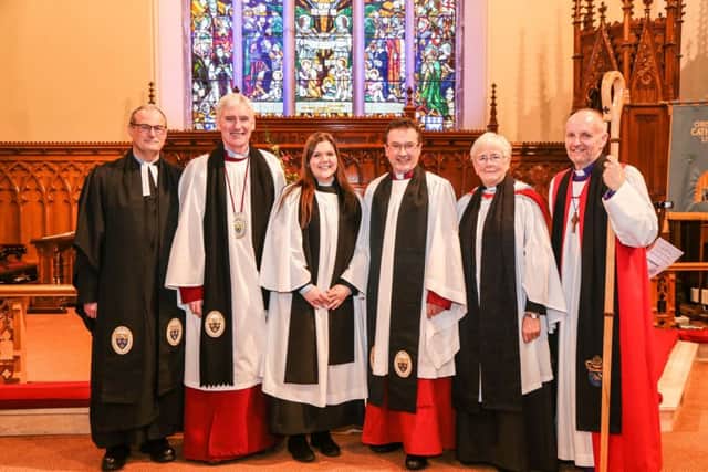 Clergy at the service of installation of the Ven Paul Dundas as Archdeacon of Dalriada in Lisburn Cathedral on March 4. From left: The Rev Canon William Taggart, Registrar; The Very Rev Sam Wright, Dean of Connor and rector of Lisburn Cathedral; The Rev Danielle McCullagh, curate at Lisburn Cathedral; The Ven Paul Dundas, Archdeacon of Dalriada; The Rev Dr Pat Mollan, the Churchs Ministry of Healing: The Mount, who was guest speaker; and the Rt Rev Alan Abernethy, Bishop
of Connor. Photo by Norman Briggs, RnBphotographyni