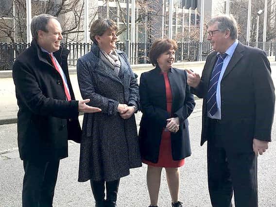 Undated handout photo issued by the Democratic Unionist Party (DUP) of (left to right) Barrister Nigel Dodds, DUP leader Arlene Foster, MEP Diane Dodds and DUP MP Sammy Wilson during a visit to Brussels