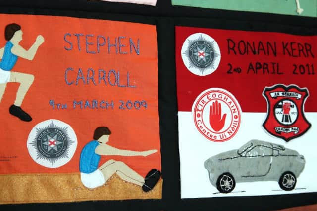 Panels on a quilt mark the murders of Catholic PSNI officers Stephen Carroll and Ronan Kerr at the Memorial Quilt exhibition at Stormont.
PICTURE BY STEPHEN DAVISON