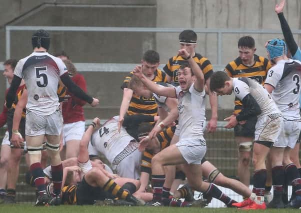 RS Armagh score a try against RBAI during Wednesday's Danske Bank Schools' Cup semi final at Kingspan Stadium.