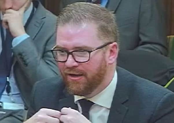 Simon Hamilton giving evidence to MPs yesterday, where he said the prospects for Stormont returning are bleak