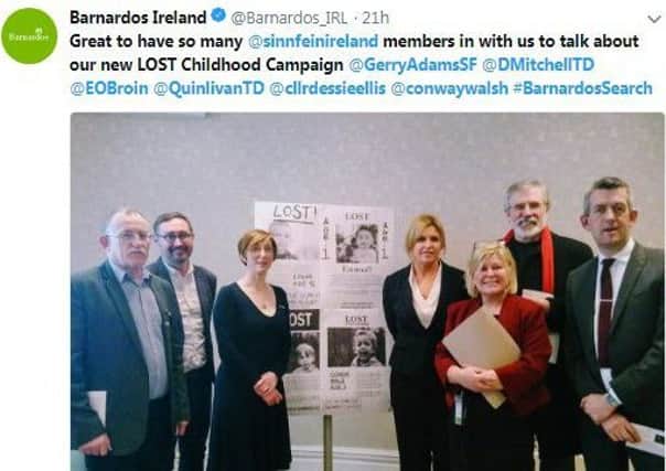 Barnardos Ireland caused a storm on Twitter when it teamed up with Sinn Fein's Gerry Adams to promote its Lost Childhood Campaign, tweeting this image on 6 March 2018.