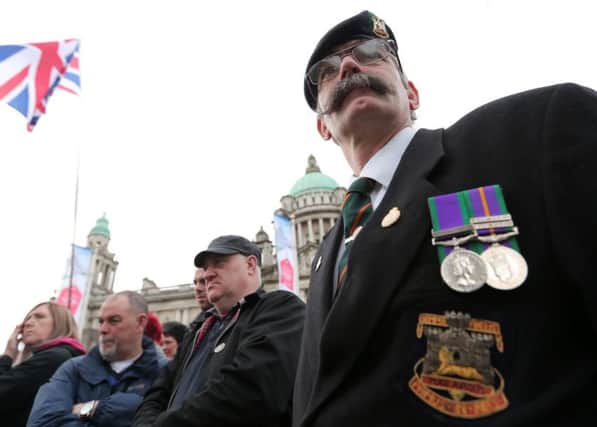 Former soldiers from the Justice for Northern Ireland Veterans group and supporters at a Belfast City Hall rally last year