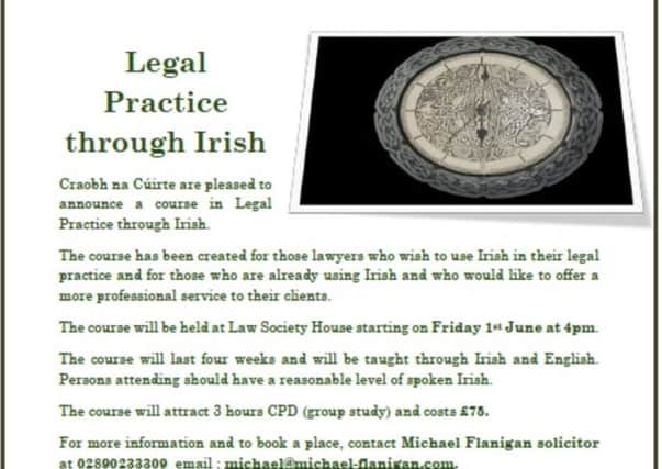 Notice of the Irish language course, posted on Law Society website