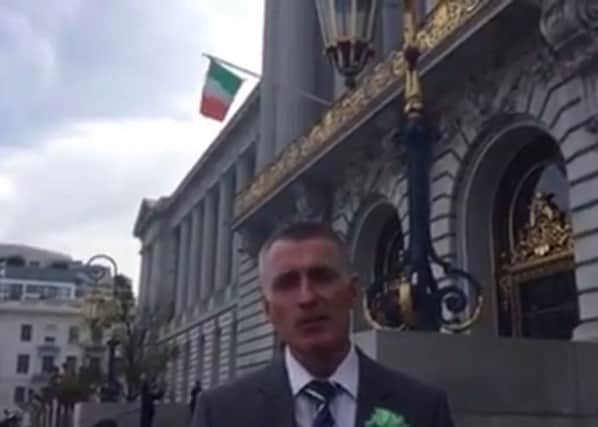 Declan Kearney outside San Francisco City Hall, after raising of Irish Tricolour. He paid tribute to Harvey Milk, the assassinated gay activist