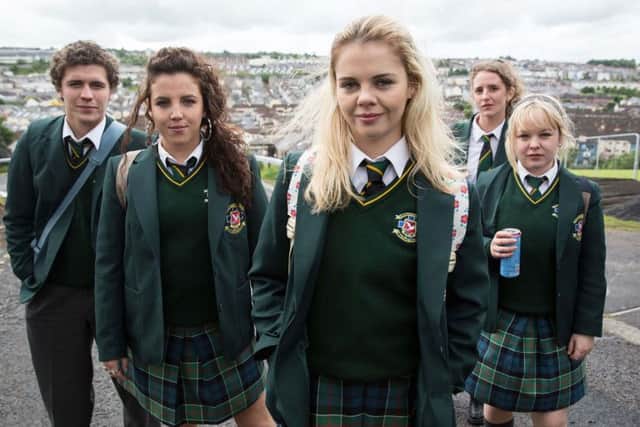 Derry Girls cast l-r:  James Maguire (Dylan Llewellyn), Michelle Mallon (Jamie-Lee O'Donnell), Erin Quinn (Saoirse Jackson), Orla McCool (Louisa Harland), Clare Devlin (NIcola Coughlan)