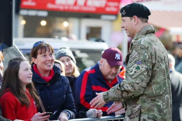 HRH the Earl of Wessex, Royal Colonel of the 2 Rifles meets members of the public in Lisburn City Centre.
 
Photo by Jonathan Porter / Press Eye.