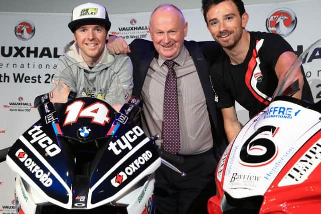North West 200 record holder Alastair Seeley (left) with Event Director Mervyn Whyte MBE and Glenn Irwin at the launch of the 2018 event.