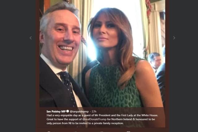 Tweet put out on Ian Paisley's Twitter account on Thursday of him with Melania Trump