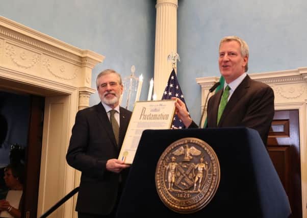 Gerry Adams (left) with New York City Mayor Bill de Blasio at a St Patrick's Day breakfast event at Gracie Mansion in New York. PRESS ASSOCIATION Photo.