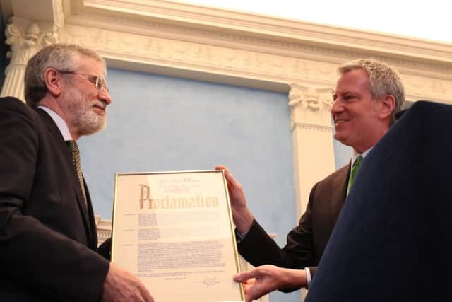 New York City Mayor Bill de Blasio honours Gerry Adams (at Gracie Mansion in New York