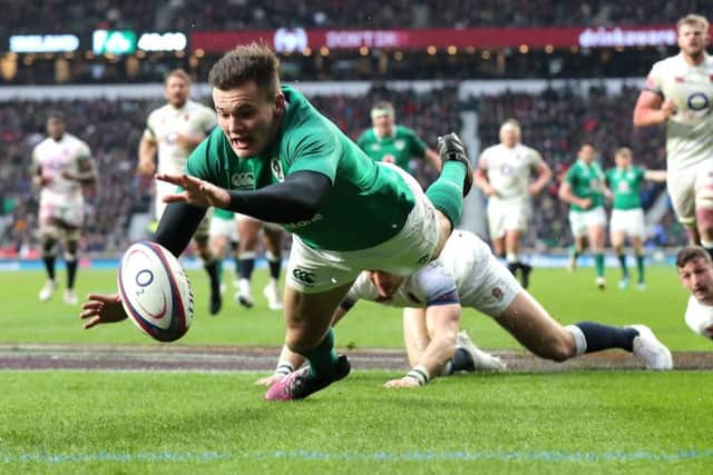 Jacob Stockdale stretches out to score Irelands third try in Saturdays 24-15 win over England at Twickenham
