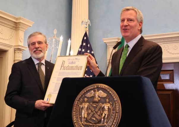 Gerry Adams (left) with New York City Mayor Bill de Blasio at a St Patrick's Day breakfast event at Gracie Mansion in New York