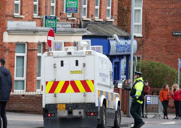 A police vehicle in the Holy Lands area of south Belfast on Saturday