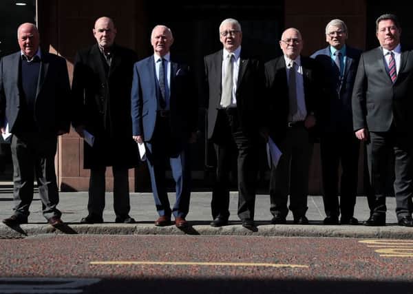 Seven of the 14  'Hooded Men'. From left, Jim Auld, Patrick McNally, Liam Shannon, Fracncie McGuigan, Davy Rodgers, Brian Turley and Joe Clarke