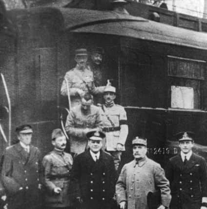 Enniskillen heard it first! Ferdinand Foch, second from right, outside the railway carriage where the Armistice was signed