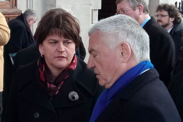 Arlene Foster, the DUP leader, talks to the former Ulster Unionist MP David Burnside after the memorial service to the former IRA terrorist Sean O'Callaghan at St Martin in the Fields in central London