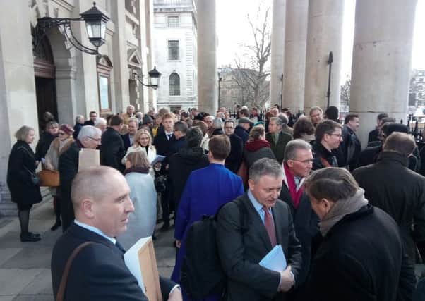 Congregants after the memorial service to the former IRA terrorist Sean O'Callaghan at St Martin in the Fields in central London, on Wednesday March 21 2018. Pic by Ben Lowry