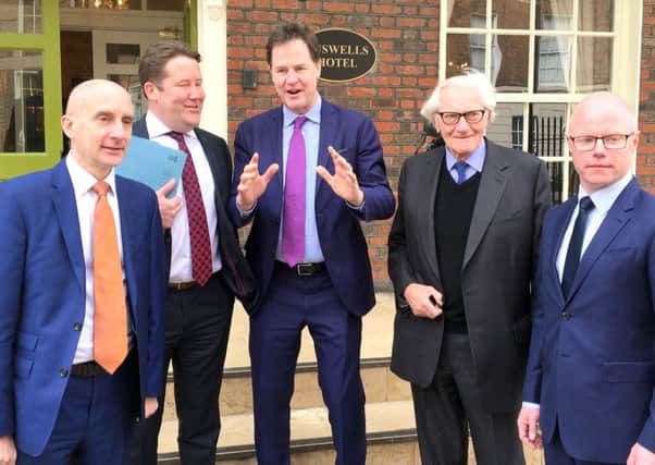 From left, Lord Adonis, Fianna FailÃ•s Darragh OÃ•Brien, Sir Nick Clegg, Lord Heseltine and Fianna FailÃ•s Stephen Donnelly at Buswells Hotel, Dublin, as they attend an event hosted by Ireland's main opposition party - Fianna Fail - the prominent Remain supporters spoke with one voice as they warned of dire consequences of Brexit. PRESS ASSOCIATION Photo