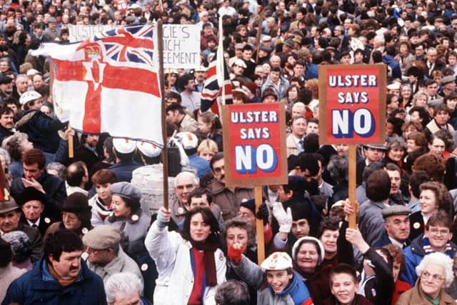 A massive loyalist rally at Belfast city hall against the Anglo Irish Agreement in 1986