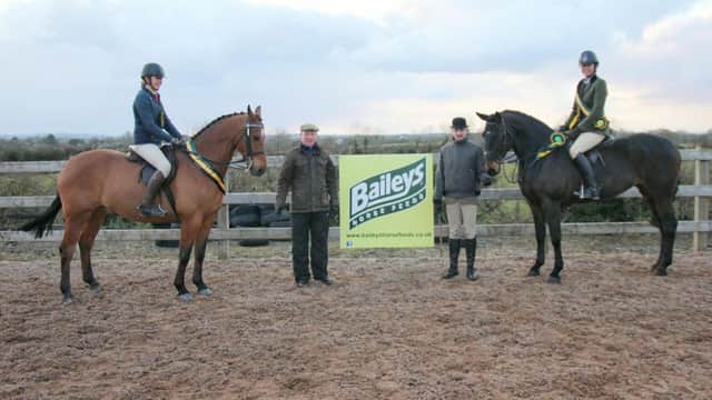 Supreme Champion Kathryn Knox and Irish Draught Braeview Codega, showing ride judge Richard Wilson, showing conformation judge, Olaf Kerr and Reserve Supreme Champion Jordan McClements and Dream On Calypso