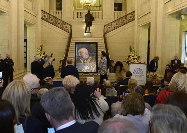 The unveiling at Stormont of an official Assembly portrait of the former deputy first minister, Martin McGuinness in the Great Hall, Parliament Buildings. The portrait was commissioned by the Northern Ireland Assembly Commission and was painted by Belfast artist Tony Bell
