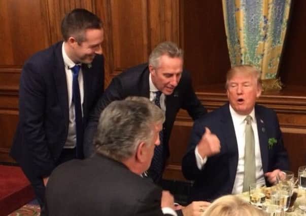 An image from the Twitter account of DUP MLA Paul Givan, showing Mr Givan (left), Ian Paisley and Donald Trump at the Speakers Lunch on Capitol Hill before Mr Paisley attended a private White House function