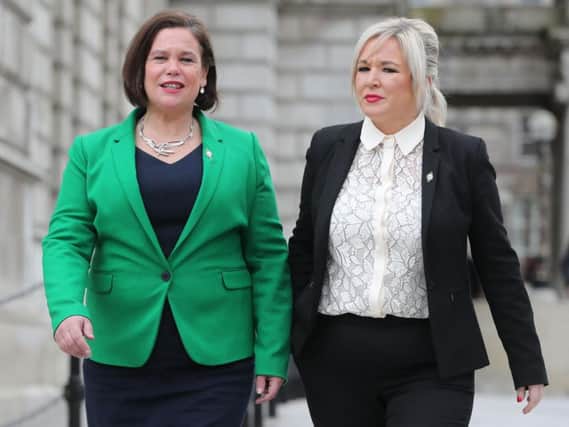 Sinn Fein Leader Mary Lou McDonald and Deputy Leader Michelle O'Neill speaking to the media outside Belfast City Hall