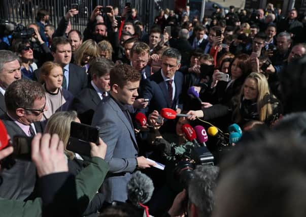 There was huge interest in the case, which brought together questions of sex, consent and celebrity. Ireland and Ulster rugby star Paddy Jackson speaks to the media outside court after he was acquitted of rape. Photo: Brian Lawless/PA Wire