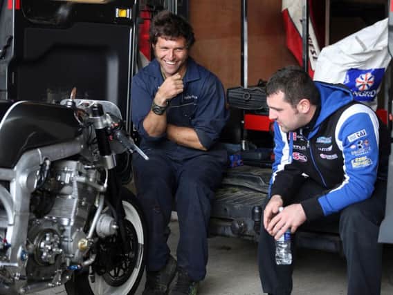 Guy Martin shares a laugh with Michael Dunlop at the Scarborough Gold Cup in 2016.