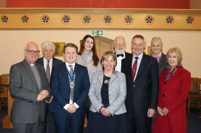 Pictured are Rev Dr Donald Watts; Alex Warden (Session Clerk) James Speers (YFCU); Grace Williams (Air Ambulance); Elizabeth Warden (WI); David Thompson (Conductor Dromore & District Male Voice Choir); Colin McDonald; Fiona Watts and Vivienne McDonald