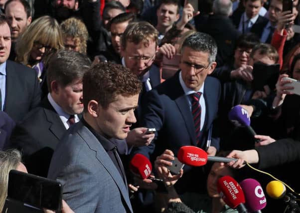 Ireland and Ulster rugby player Paddy Jackson (centre) speaking outside Belfast Crown Court after he was found not guilty of raping a woman at a property in south Belfast in June 2016. PRESS ASSOCIATION Photo. Picture date: Wednesday March 28, 2018. See PA story ULSTER Rugby. Photo credit should read: Brian Lawless/PA Wire