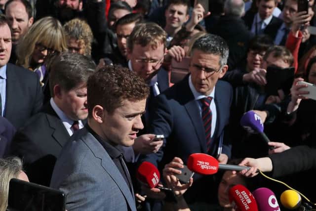 Ireland and Ulster rugby player Paddy Jackson (centre) speaking outside Belfast Crown Court after he was found not guilty of raping a woman at a property in south Belfast in June 2016. PRESS ASSOCIATION Photo. Picture date: Wednesday March 28, 2018. See PA story ULSTER Rugby. Photo credit should read: Brian Lawless/PA Wire
